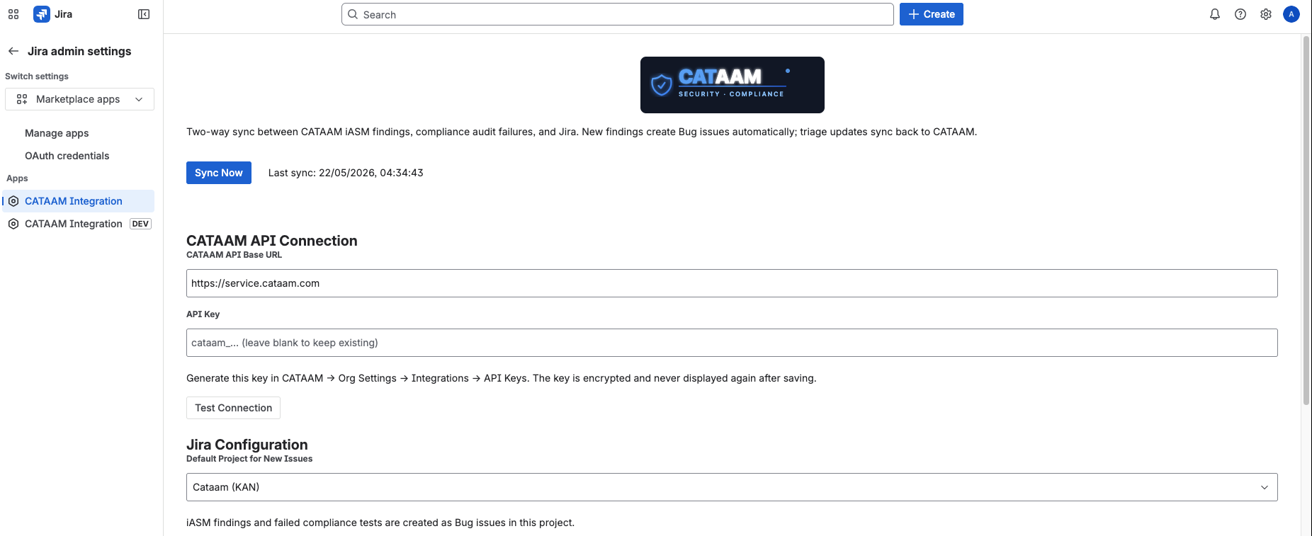CATAAM Jira admin settings — API connection and project configuration