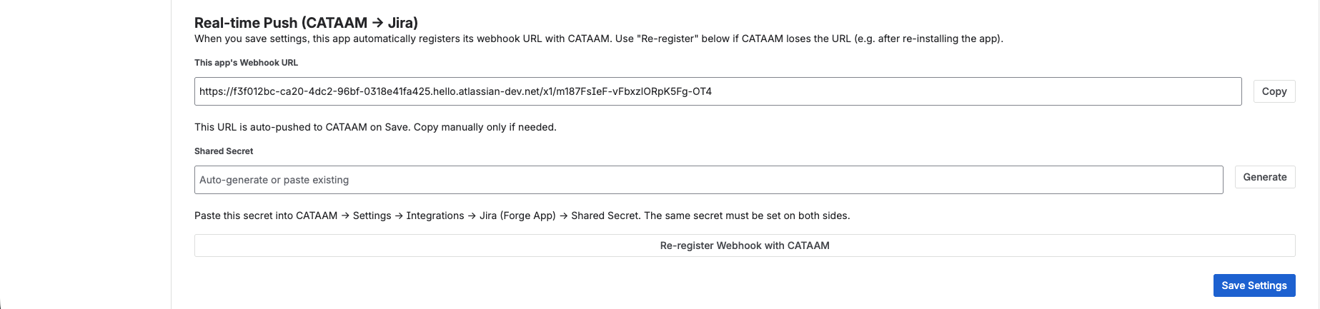 CATAAM Jira admin settings — real-time push and webhook configuration