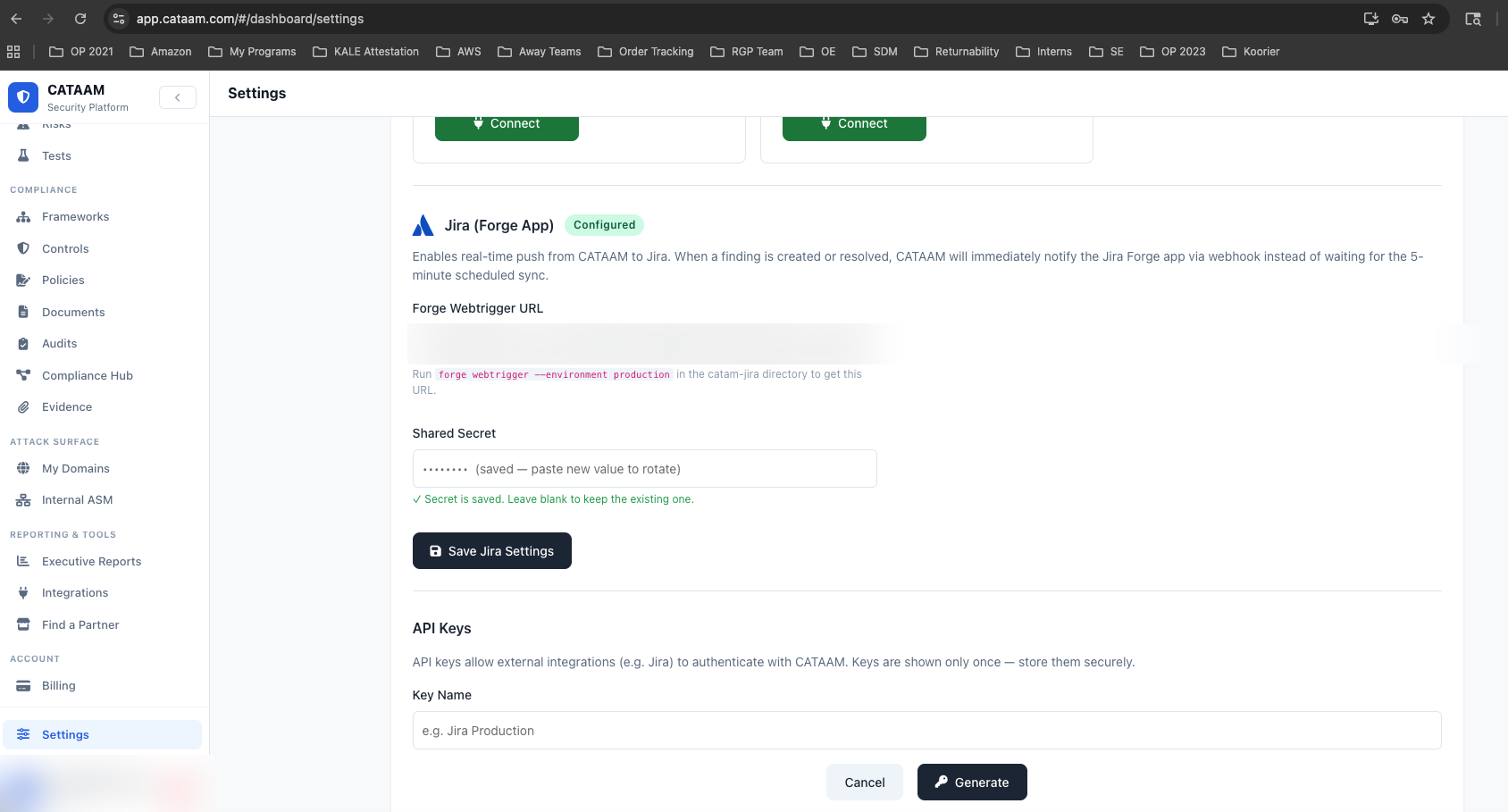 CATAAM platform Jira integration settings — Forge Webtrigger URL, Shared Secret, and API Keys